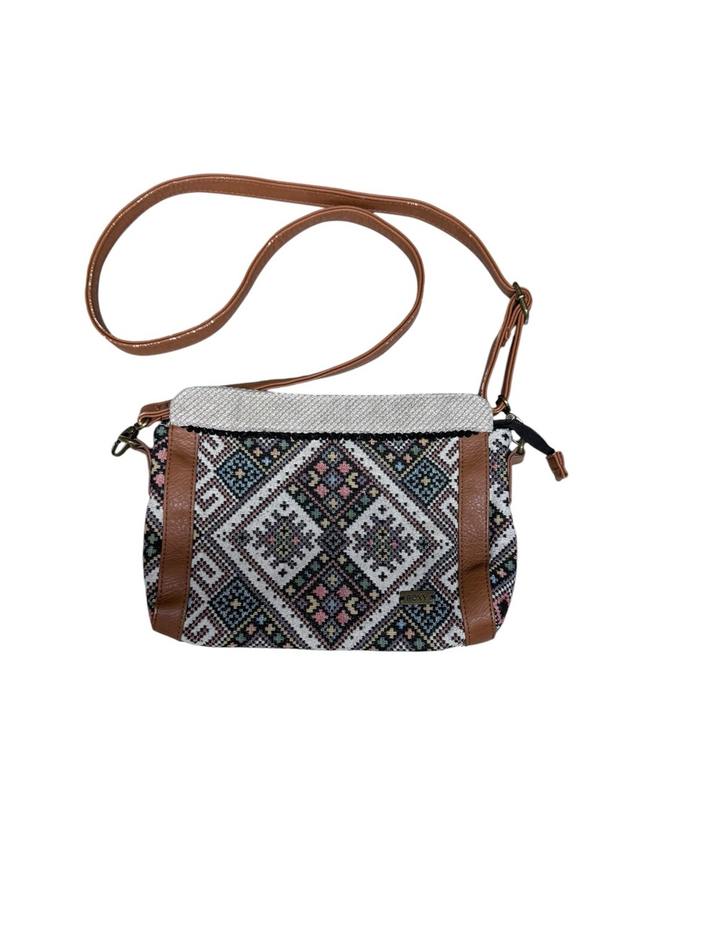 Roxy Tapestry Geometric Pattern and Brown Leather Crossbody Bag